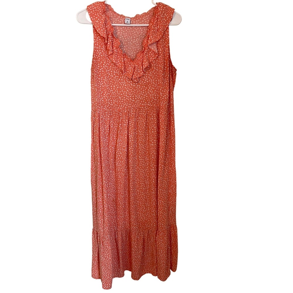 Old Navy Size M‎ Tall Peachy Pink Ditsy Floral Ruffle Sleeveless Maxi Dress